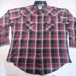 Ely Cattleman Mens XXL 2XL Red Black Plaid Pearl Snap Western Cowboy Shirt